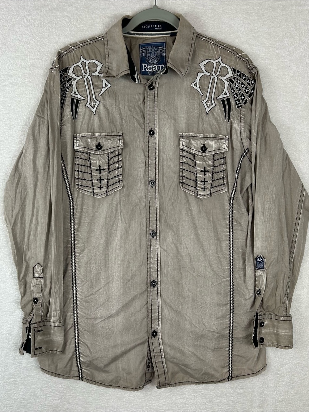Roar Men's Embroidered Western Shirt button up khaki men size small y2k